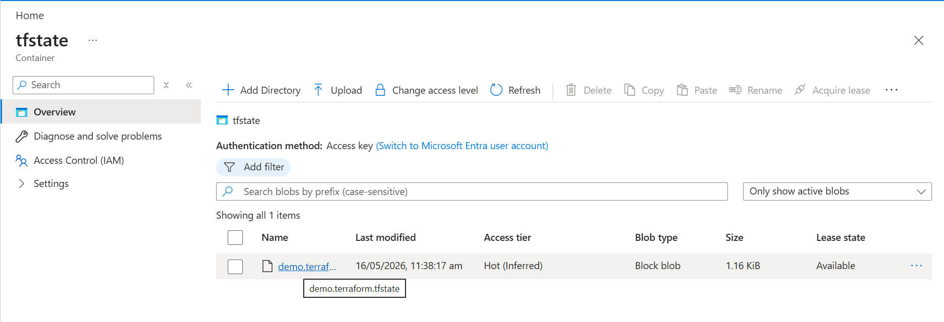The migrated state file sitting in Azure Blob Storage The Azure portal showing the demo.terraform.tfstate blob inside the tfstate container