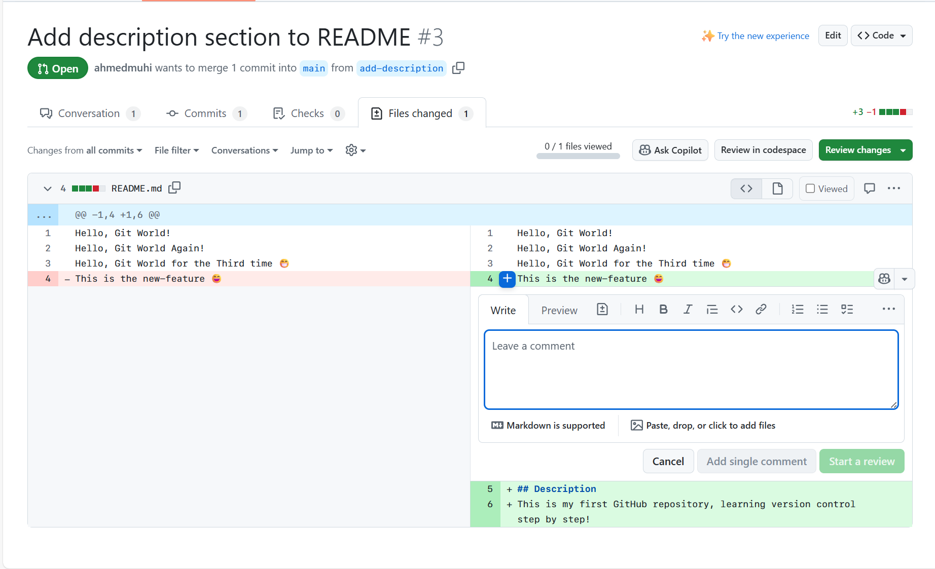 Files changed tab showing line-by-line commenting