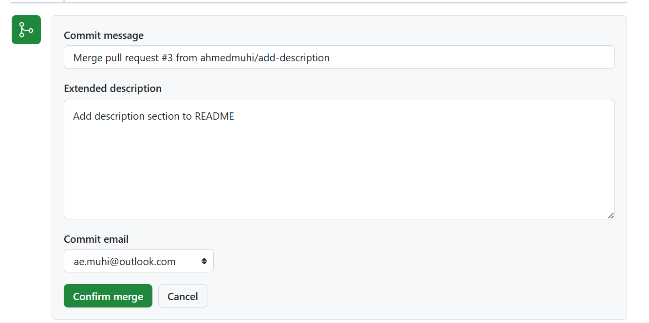 Merge confirmation screen with commit message