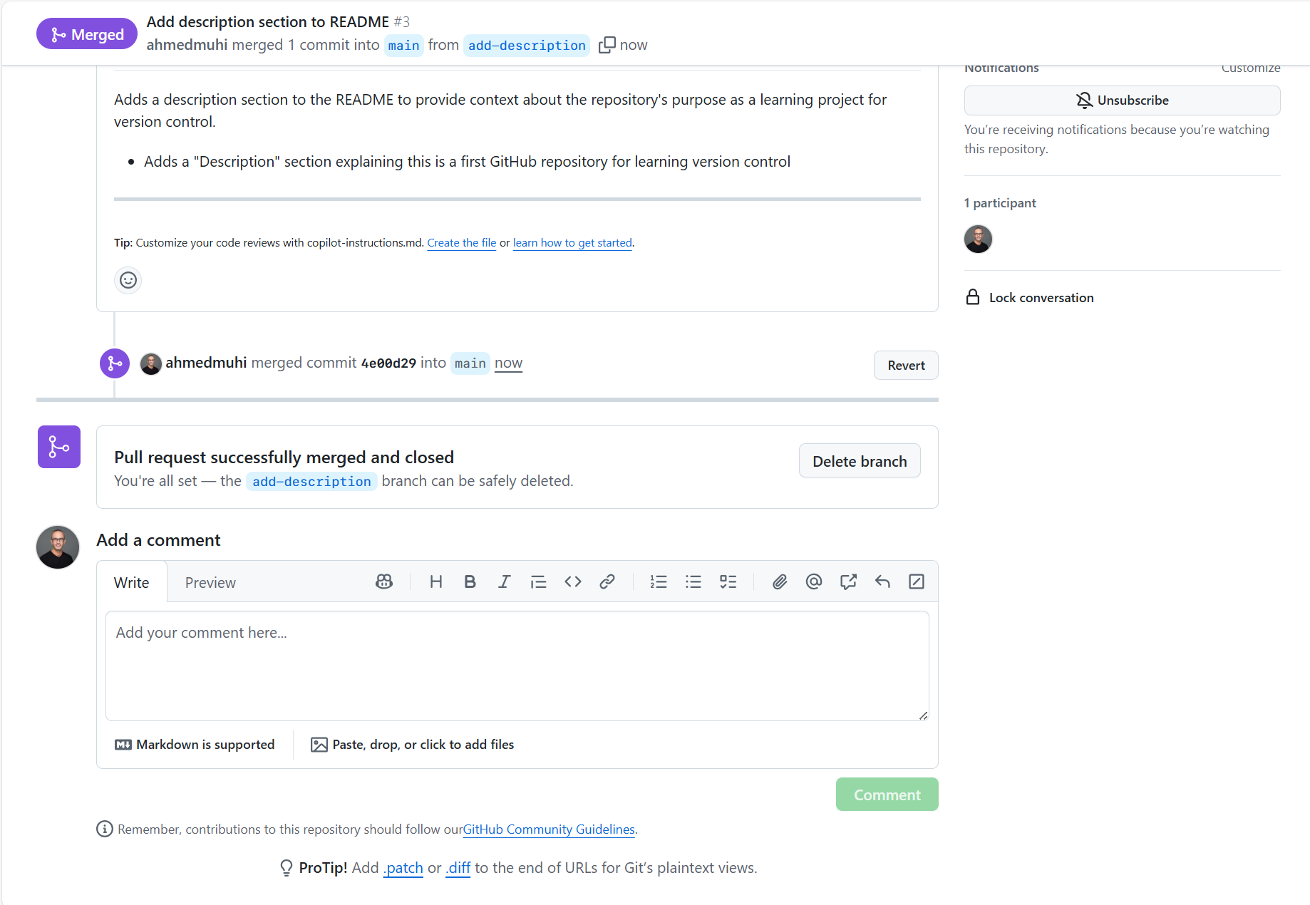 Pull request successfully merged with delete branch option