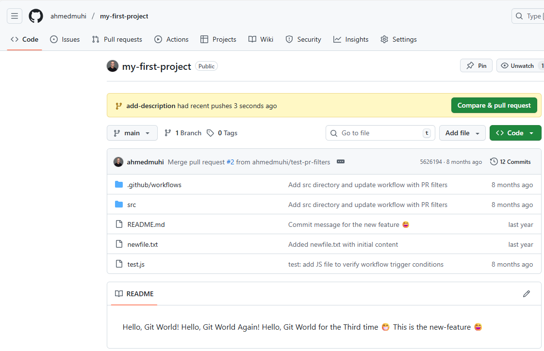 GitHub banner showing "add-description had recent pushes" with a green "Compare & pull request" button