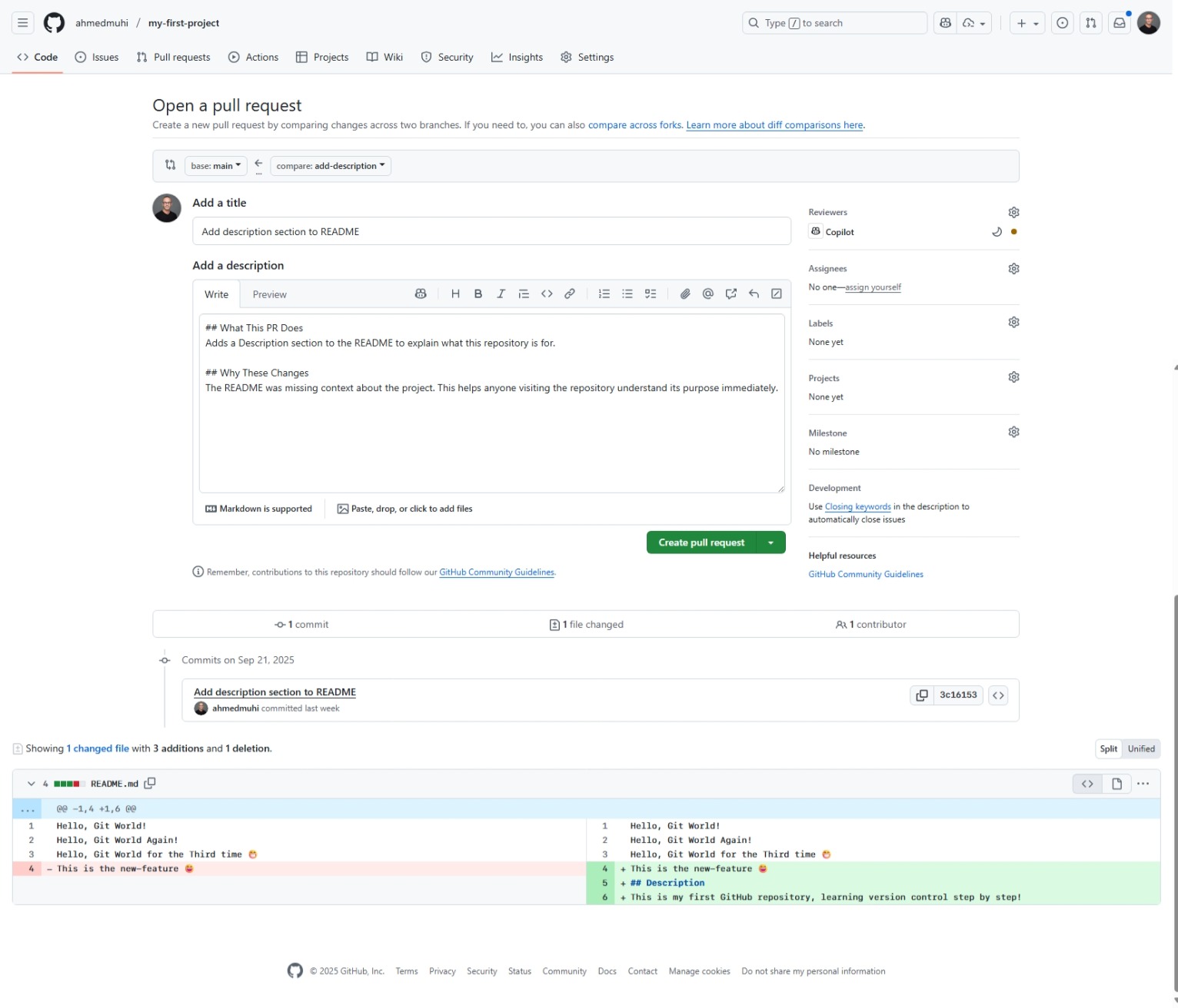 Open a pull request page showing the PR creation interface