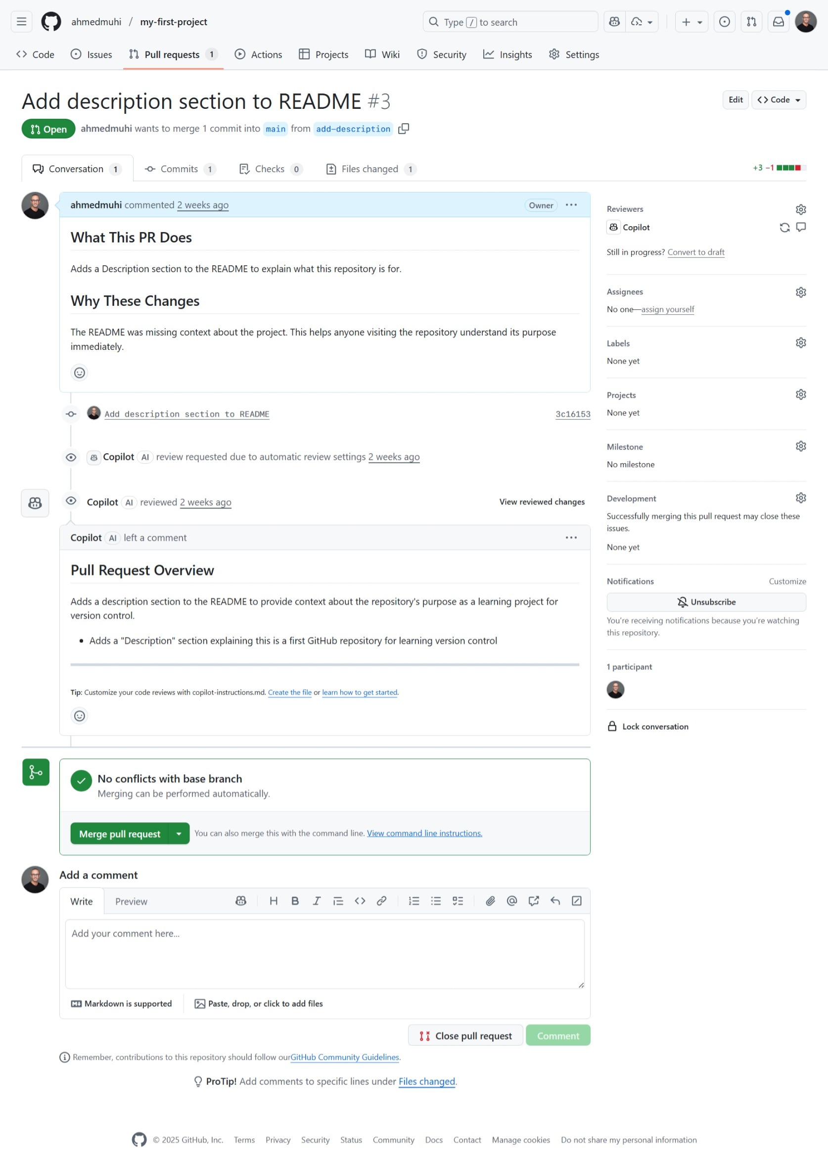 Overview of an open pull request showing the conversation tab