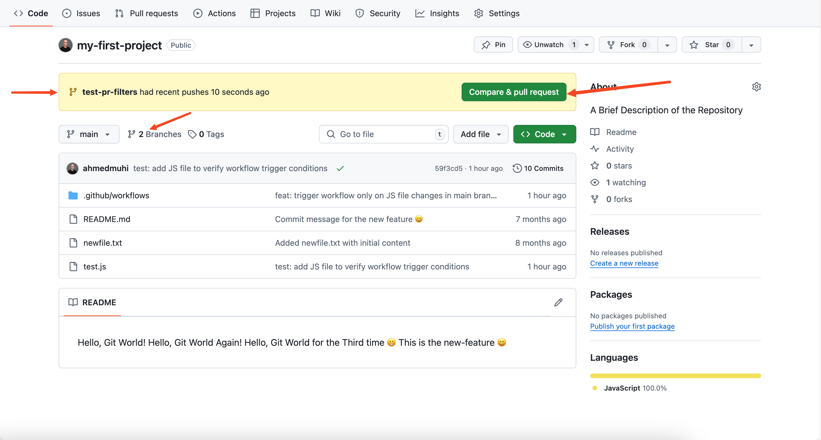 GitHub repository showing the Compare & pull request button