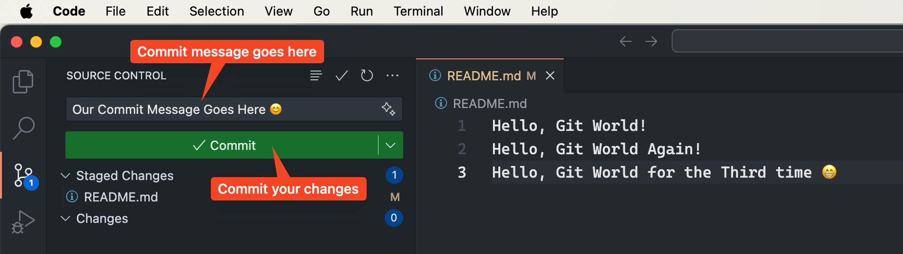Add a commit message and commit your changes using VS Code