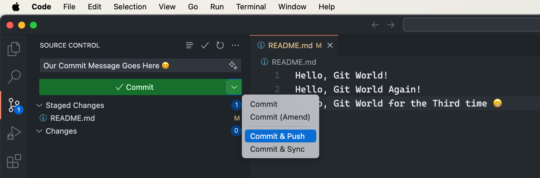 Commit and push your changes to GitHub using VS Code