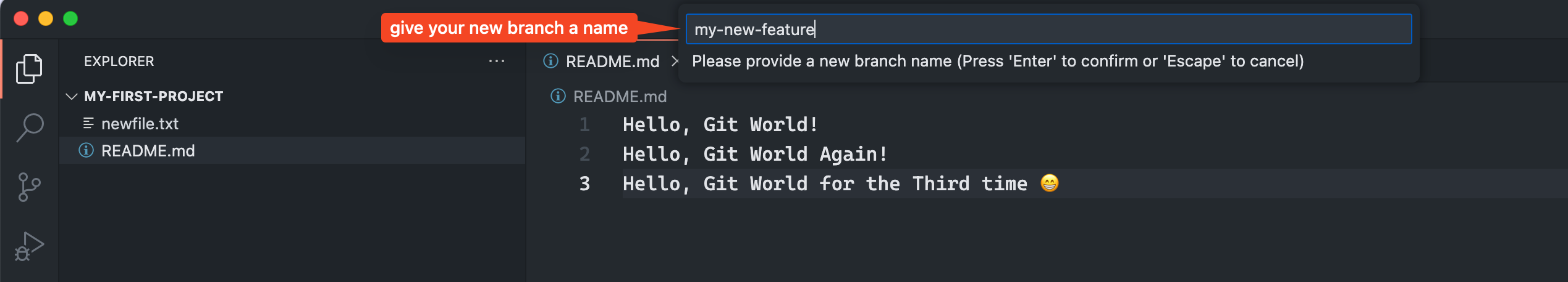 Give your New Git Branch a name VS Code