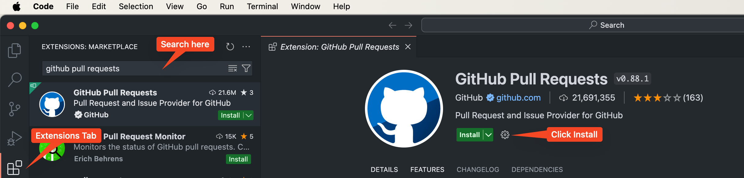 Install GitHub Pull Requests extension
