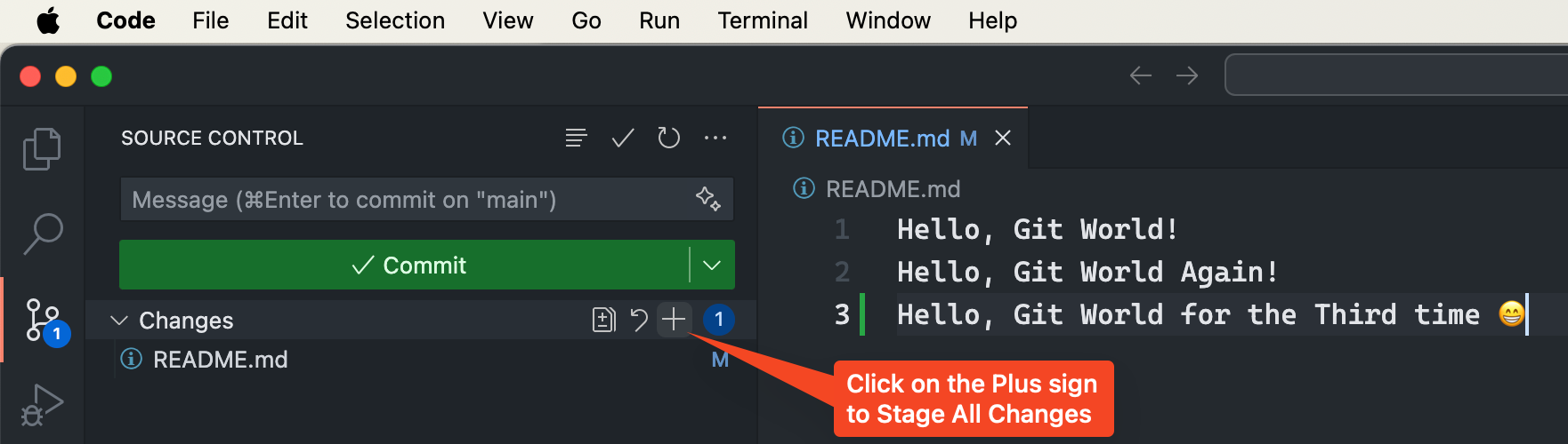 Stage all changes using VS Code