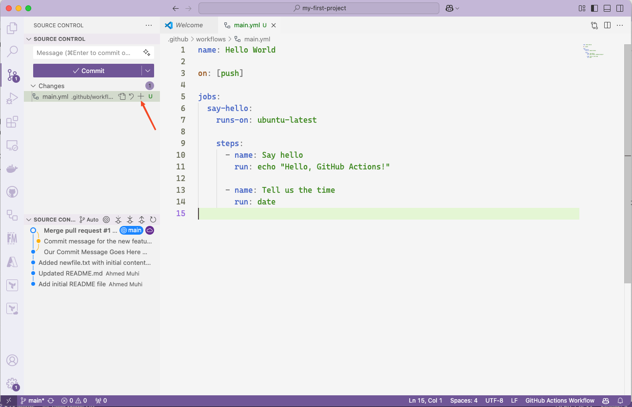 VS Code Source Control showing main.yml staged