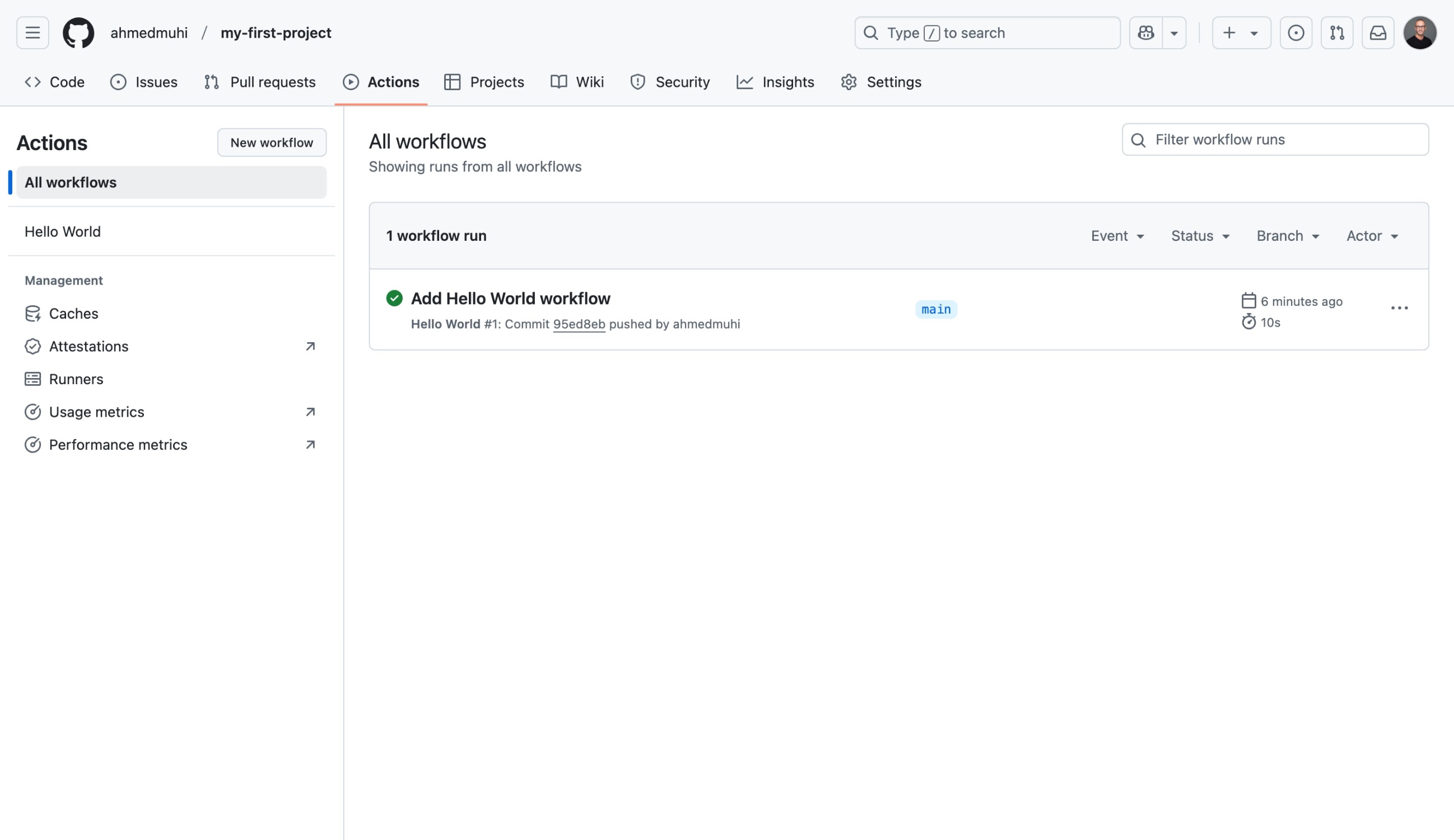 Initial view of the Actions tab on GitHub after pushing the workflow