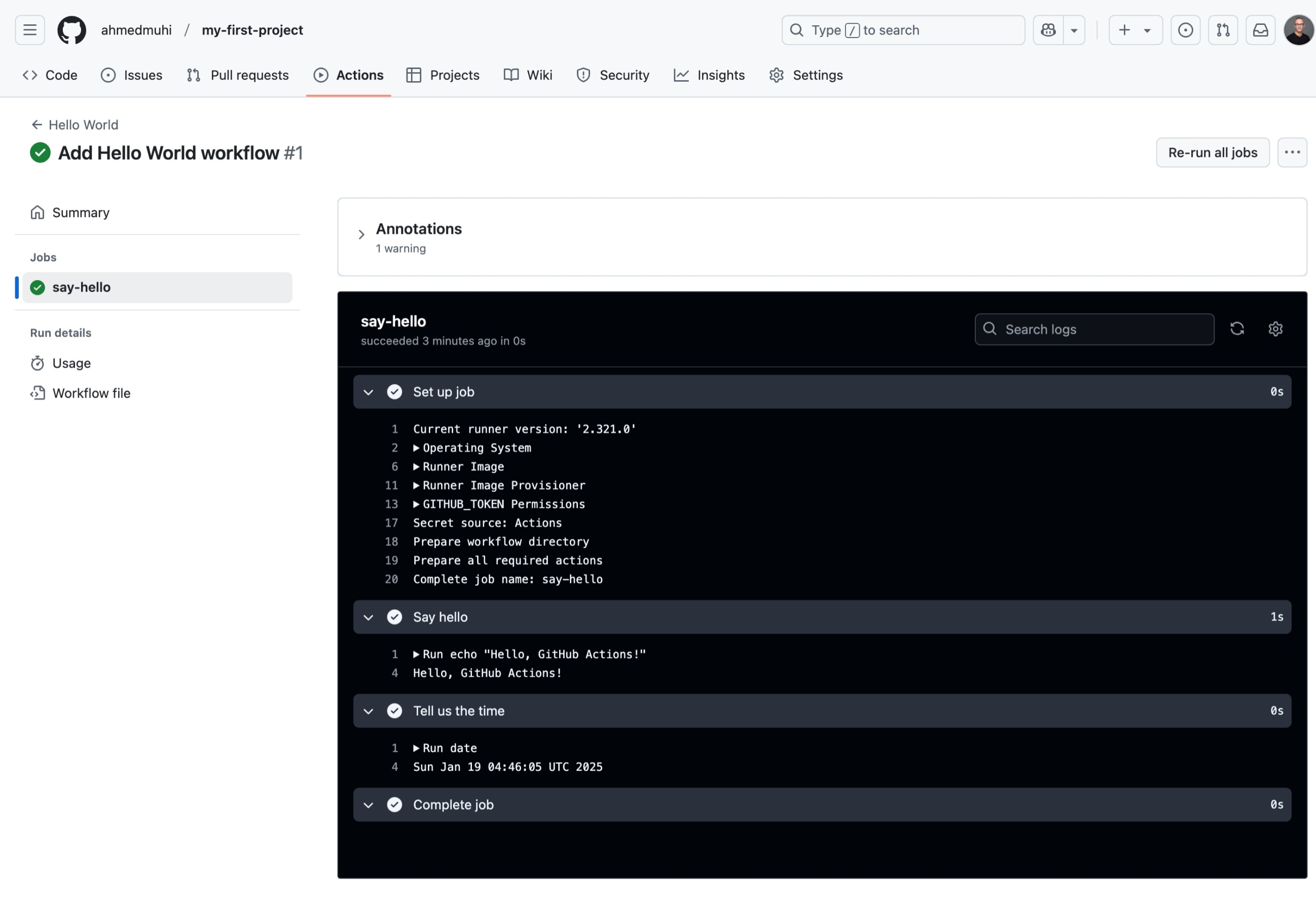 GitHub Actions detailed view of the say-hello job showing all the steps expanded