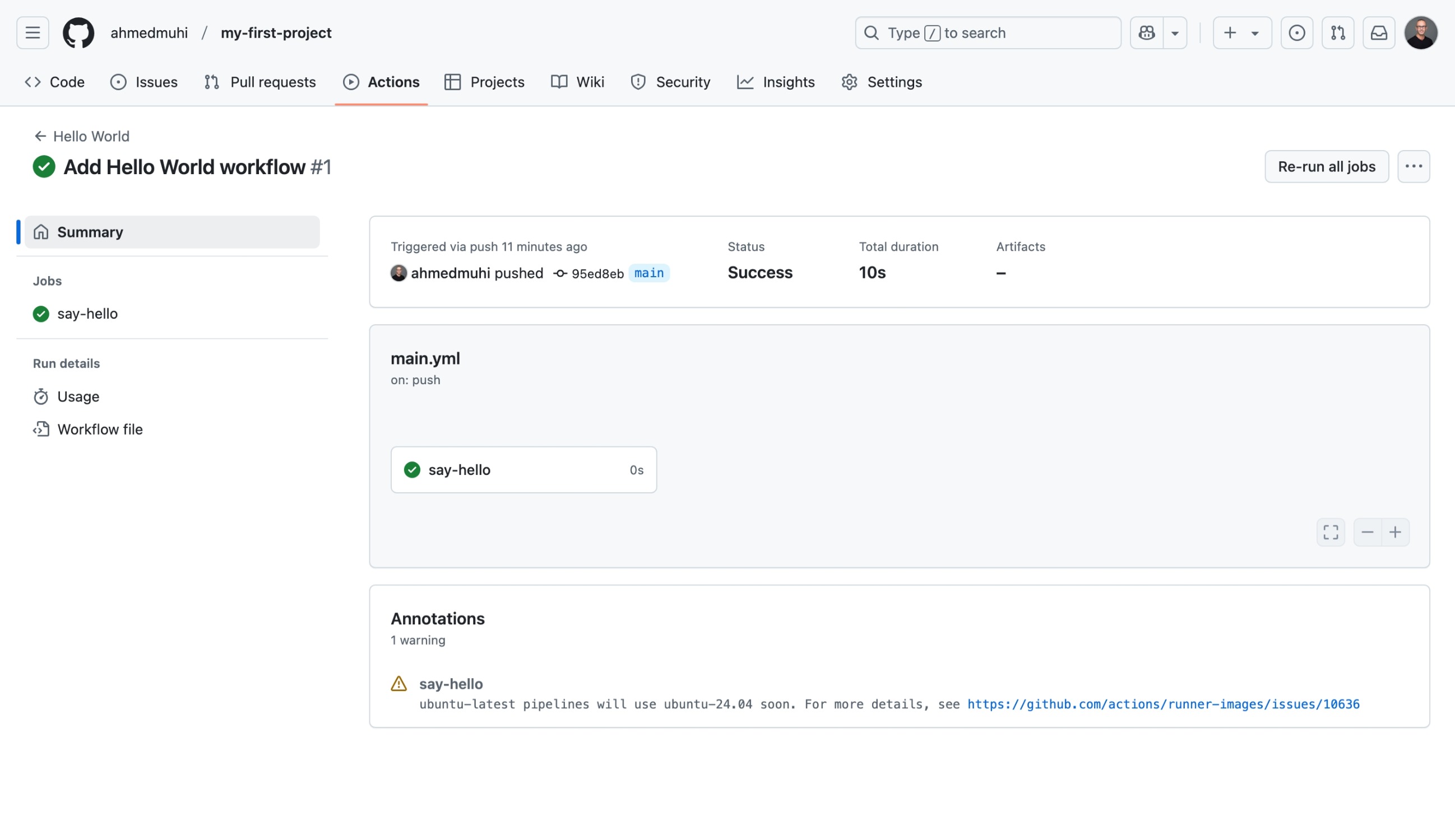 GitHub Actions showing the summary view of a successful “Hello World” workflow run"