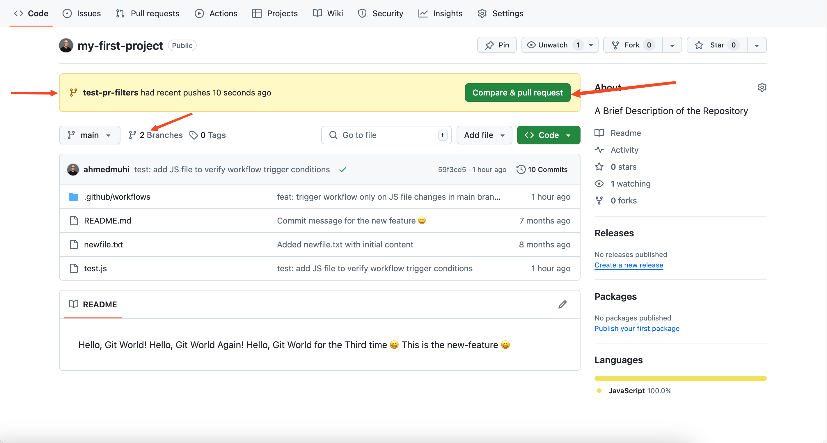 GitHub Button Compare & pull request