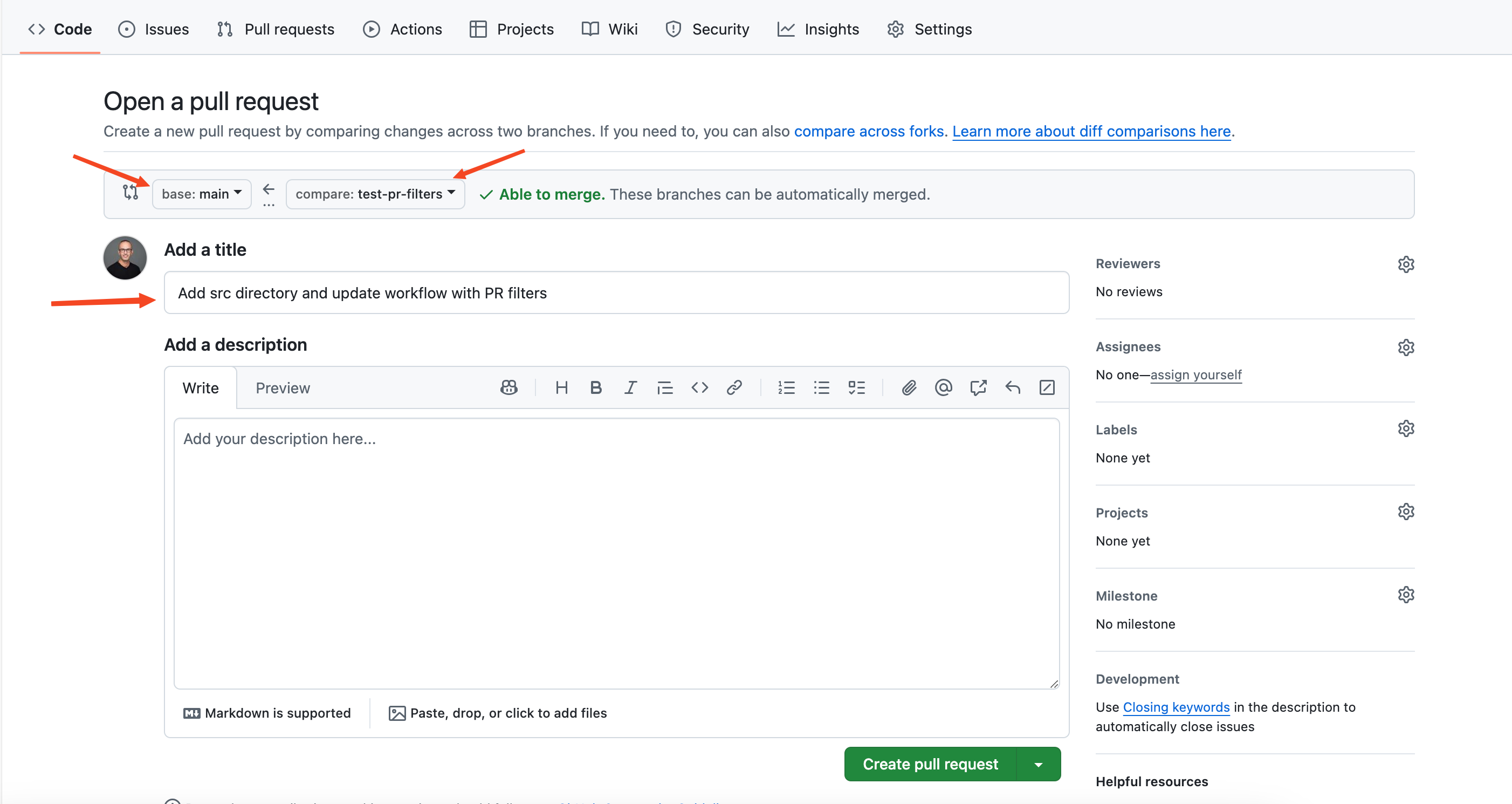 GitHub pull request form details